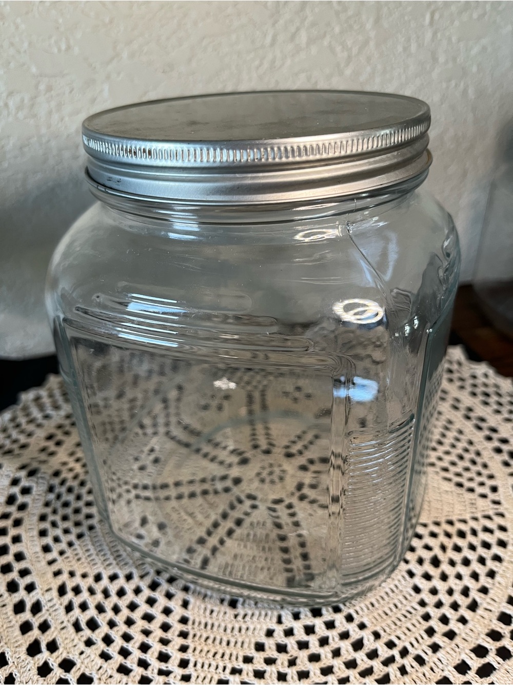 Clear Glass Storage Jar with Ribbed Sides Metal Screw-On Lid Large